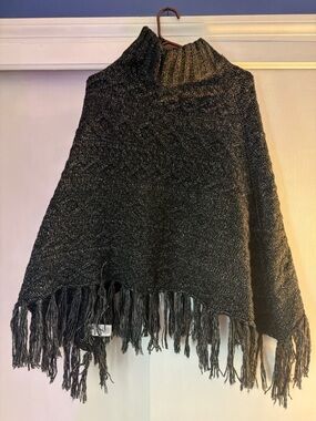Time and Tru Charcoal Gray Turtleneck Fringe Poncho